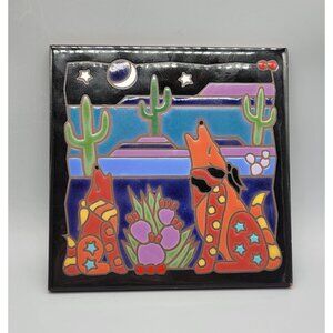 Vintage Masterworks Handcrafted Tile Art Western Dessert Howling Wolf Trivet A3